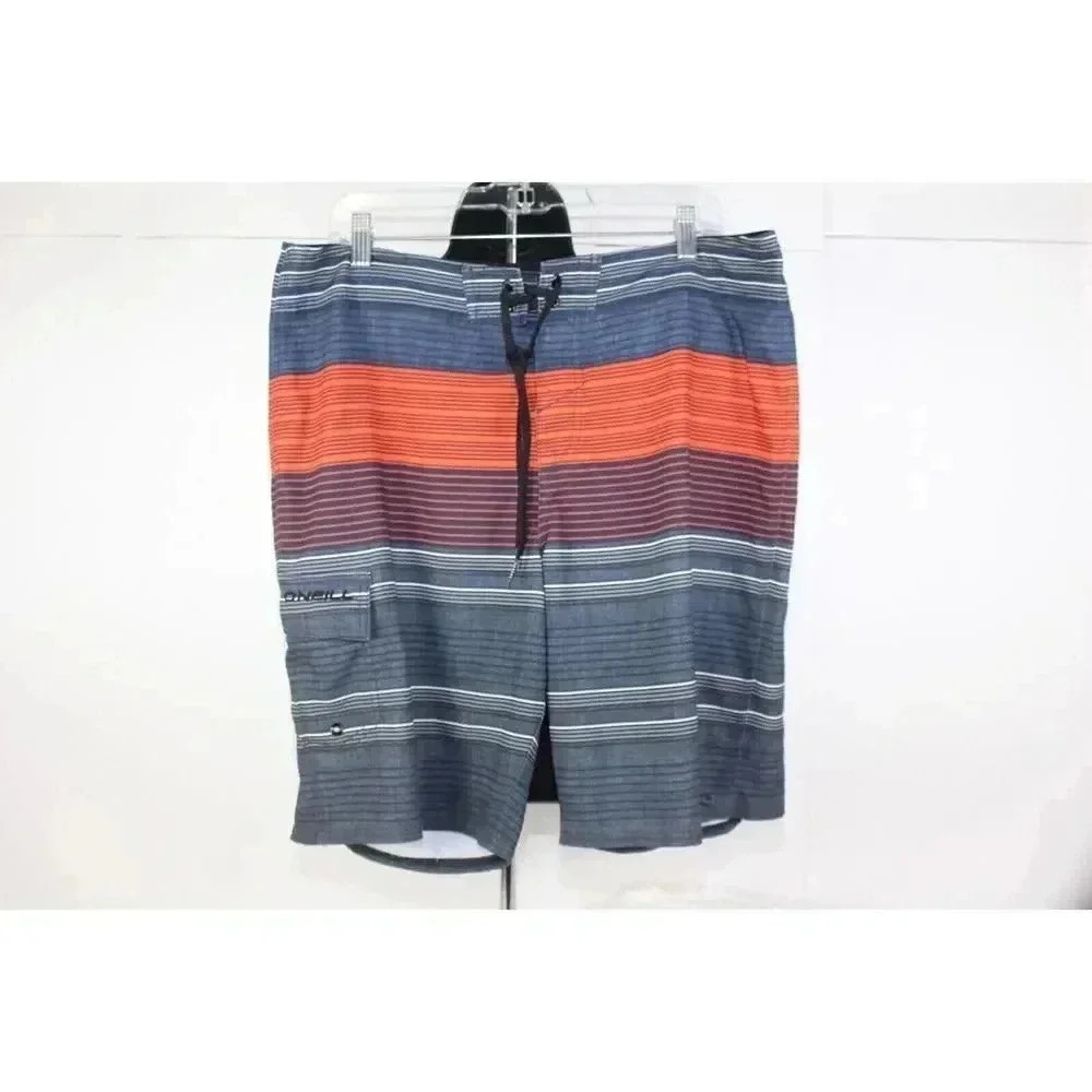 O'Neill Men’s Gray Red Orange Striped Swim Trunks Board Short Surf Size 34x11